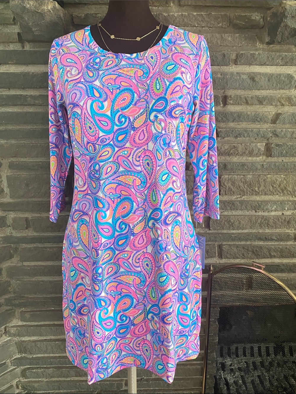 Lulu B stretch dress rounded collar vibrant paisley resort wrinkle free SPF - Picture 10 of 17